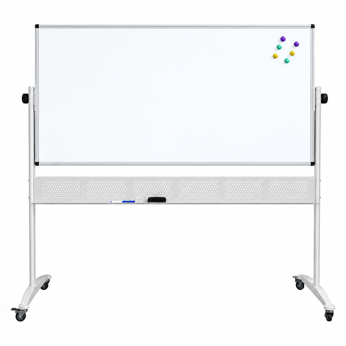 Front product view of the Rapidline Standard Mobile Magnetic Whiteboard 1800 x 900mm on a clean white background. The image clearly displays the wide aluminium framed magnetic writing surface, side pivot controls, integrated pen tray, perforated support panel, heavy duty mobile frame and castors for convenient movement between work and learning spaces.