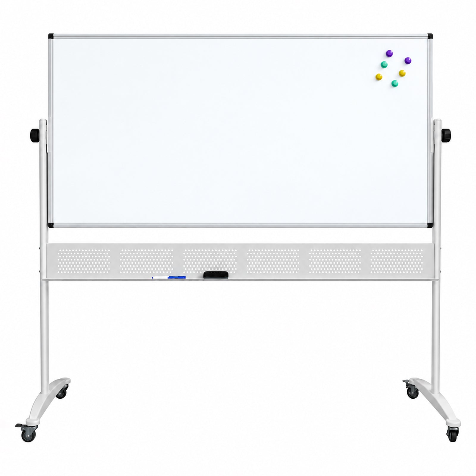 Front product view of the Rapidline Standard Mobile Magnetic Whiteboard 1800 x 900mm on a clean white background. The image clearly displays the wide aluminium framed magnetic writing surface, side pivot controls, integrated pen tray, perforated support panel, heavy duty mobile frame and castors for convenient movement between work and learning spaces.