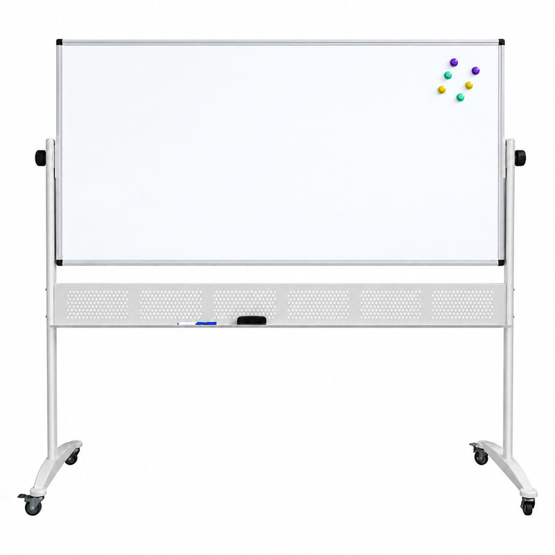 Front product view of the Rapidline Standard Mobile Magnetic Whiteboard 1800 x 900mm on a clean white background. The image clearly displays the wide aluminium framed magnetic writing surface, side pivot controls, integrated pen tray, perforated support panel, heavy duty mobile frame and castors for convenient movement between work and learning spaces.