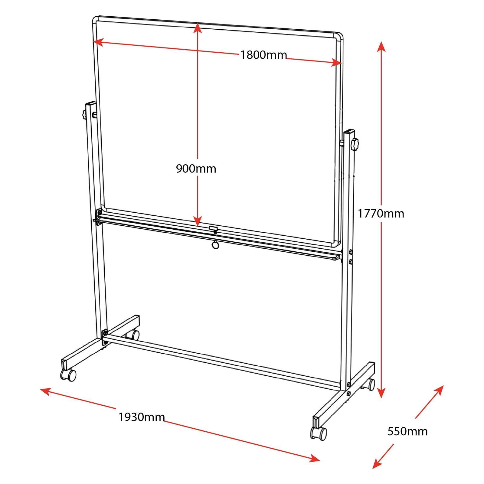Technical dimension illustration of the Rapidline Standard Mobile Magnetic Whiteboard showing an 1800mm wide by 900mm high writing surface. The complete mobile unit measures 1930mm wide, 1770mm high and 550mm deep, providing useful dimensional information for workspace planning, room layouts and determining suitable placement before purchase.
