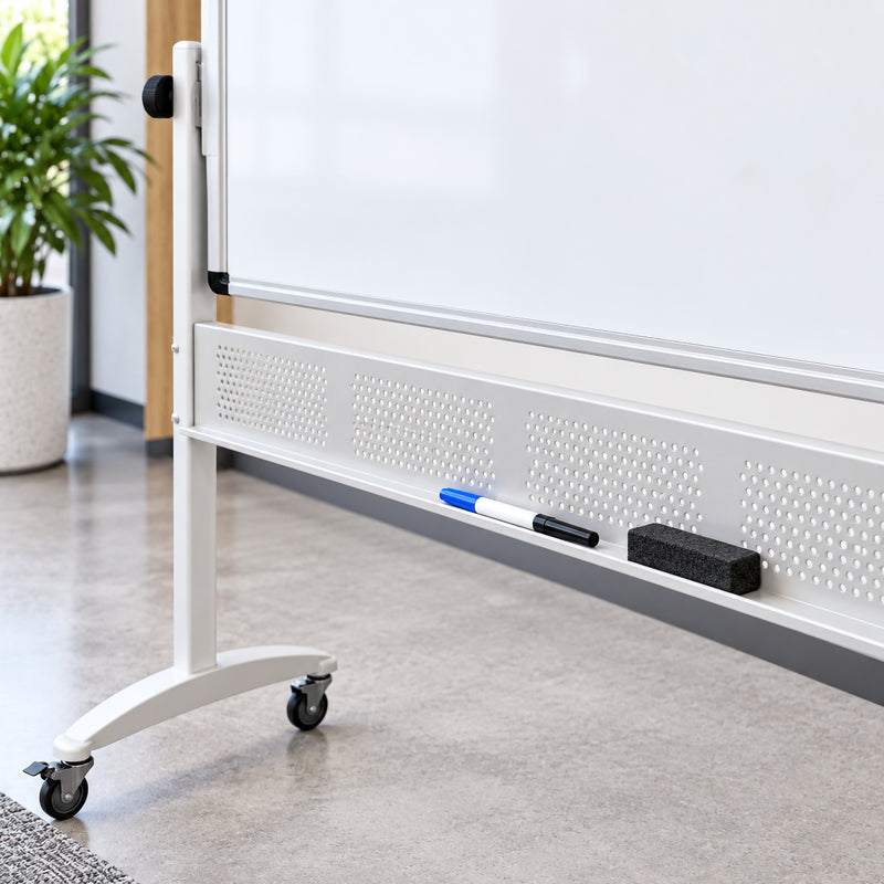 Close up of the Rapidline 1800 x 900mm mobile magnetic whiteboard showing the aluminium frame, pivot control, sturdy upright support and integrated accessory tray. Whiteboard markers and an eraser rest conveniently on the tray, while the mobile base and castors highlight the practical design for offices, classrooms and training environments.