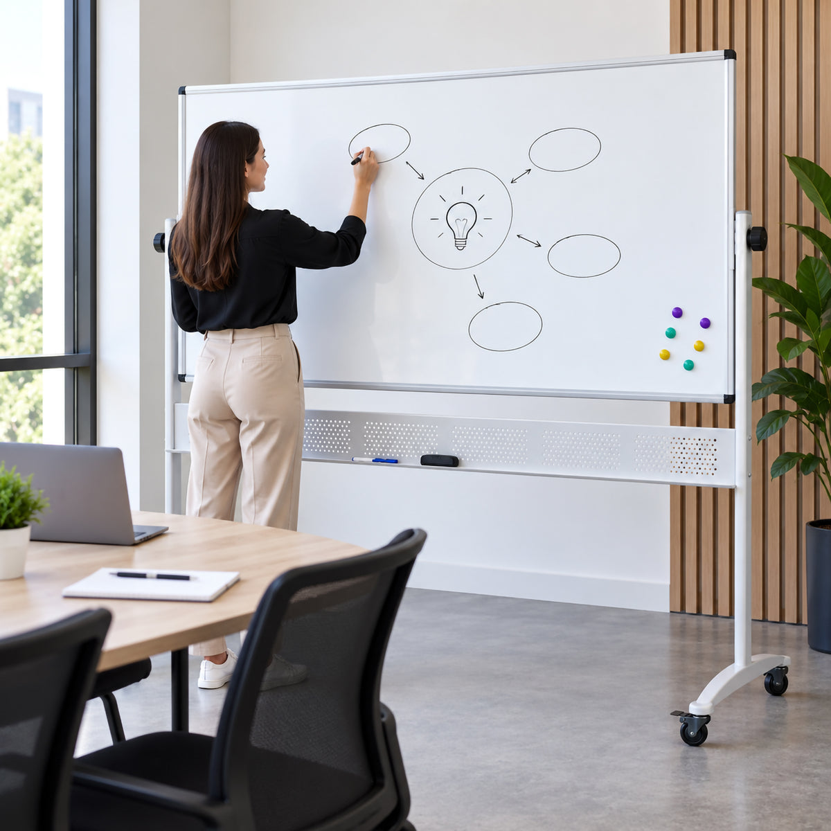 Rapidline Standard Mobile Magnetic Whiteboard 1800 x 900mm being used by a professional in a modern meeting room. The person is drawing an idea map across the wide magnetic writing surface, demonstrating the generous horizontal space available for brainstorming, presentations and collaborative planning. The mobile stand, aluminium frame, accessory tray and castors are clearly visible.