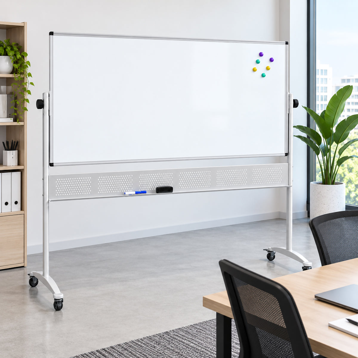 Rapidline Standard Mobile Magnetic Whiteboard 1800 x 900mm positioned in a bright contemporary office without a person. The wide magnetic board provides a clean presentation surface with colourful magnets displayed in one corner. The aluminium frame, pivot controls, mobile stand, pen tray and castors demonstrate a flexible solution for collaborative workplace communication.