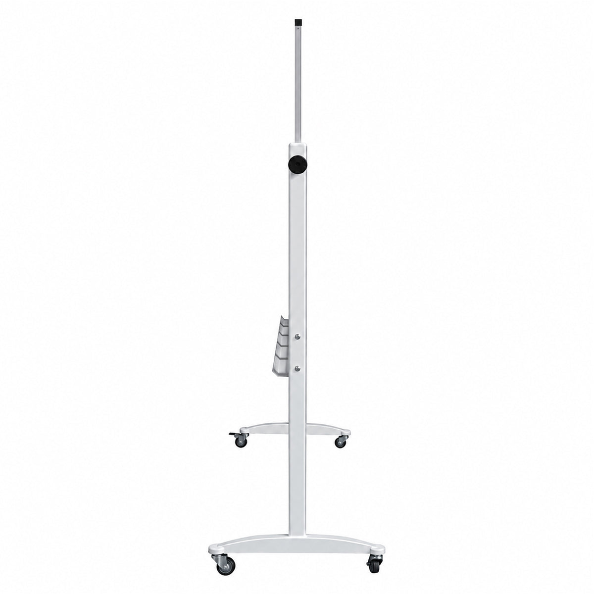 Side profile of the Rapidline Standard Mobile Magnetic Whiteboard 1800 x 900mm presented against a clean white background. The narrow side view clearly shows the upright mobile frame, pivot adjustment control and wheeled base, helping demonstrate the freestanding construction and compact 550mm overall depth of the mobile whiteboard.