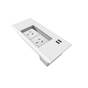 Rapidline Rapid Wiring flip box in white showing 2 GPO outlets and 2 USB-A ports on the face of the unit