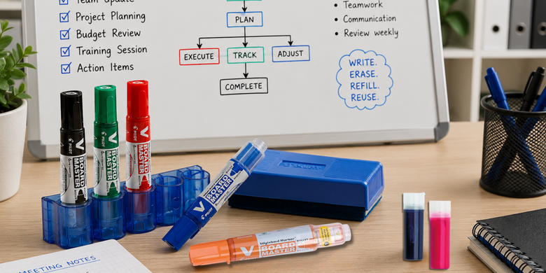 Whiteboard with project management flowchart, markers, and office supplies on a desk.