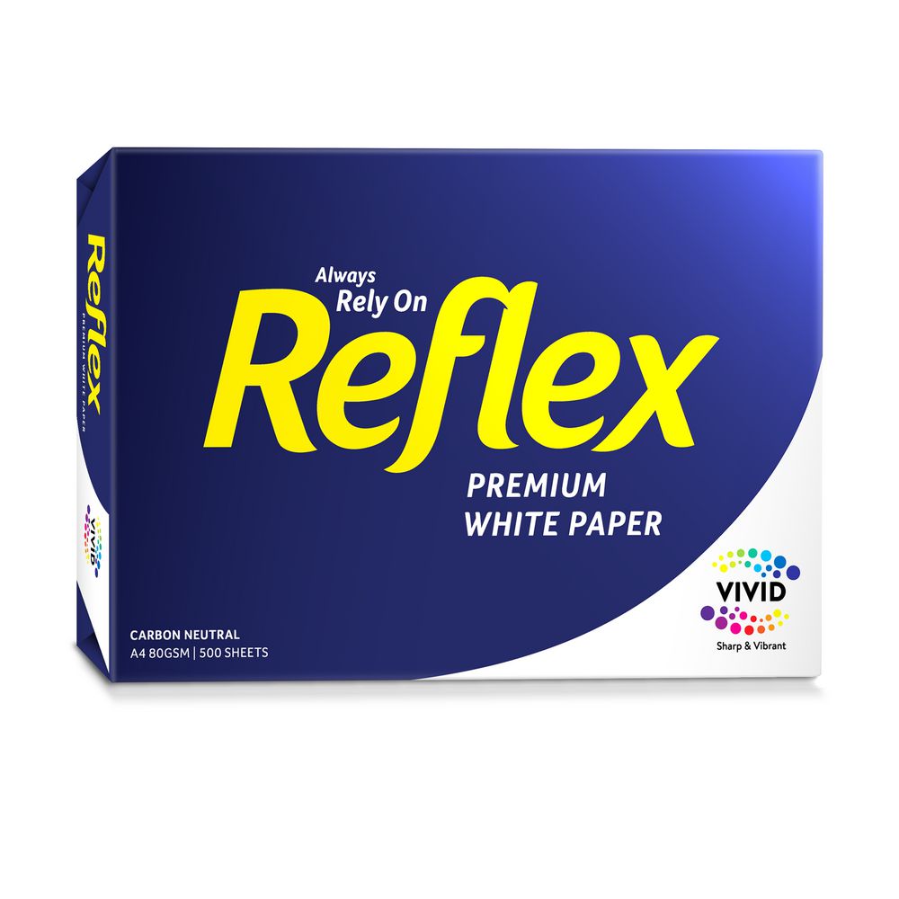 Reflex Premium White A4 ream shown from a side angle, with the navy and white wrapper and the yellow Reflex logo along the end panel.