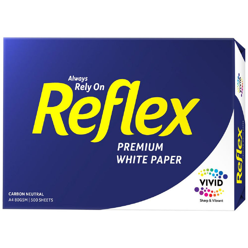 Reflex Premium White A4 80gsm ream in the navy wrapper with the large yellow Reflex logo, Always Rely On tagline, Vivid badge and A4 80gsm 500 sheets on the front panel.