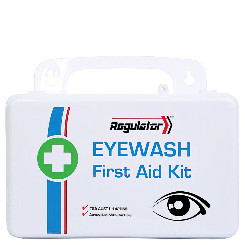 Regulator Eyewash First Aid Kit 21 x 7.5 x 13cm dedicated pre-stocked kit for fast hygienic response to eye incidents in workplaces and vehicles