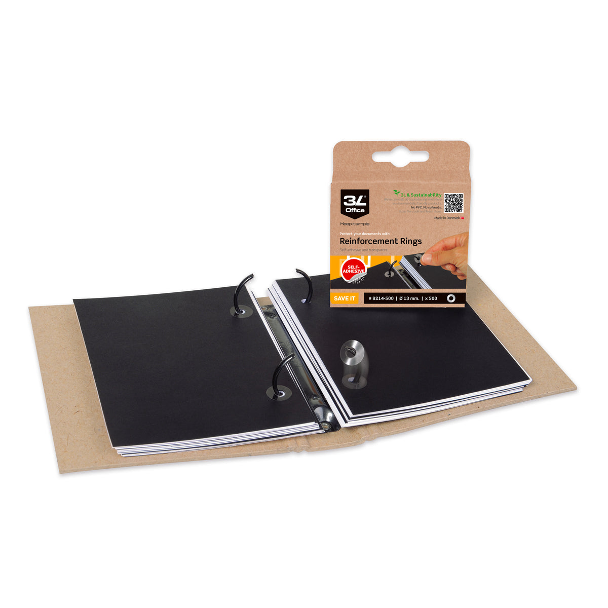 3L Reinforcement Rings pack printed 8214-500, 13 mm and x 500, behind an open ring binder with black pages
