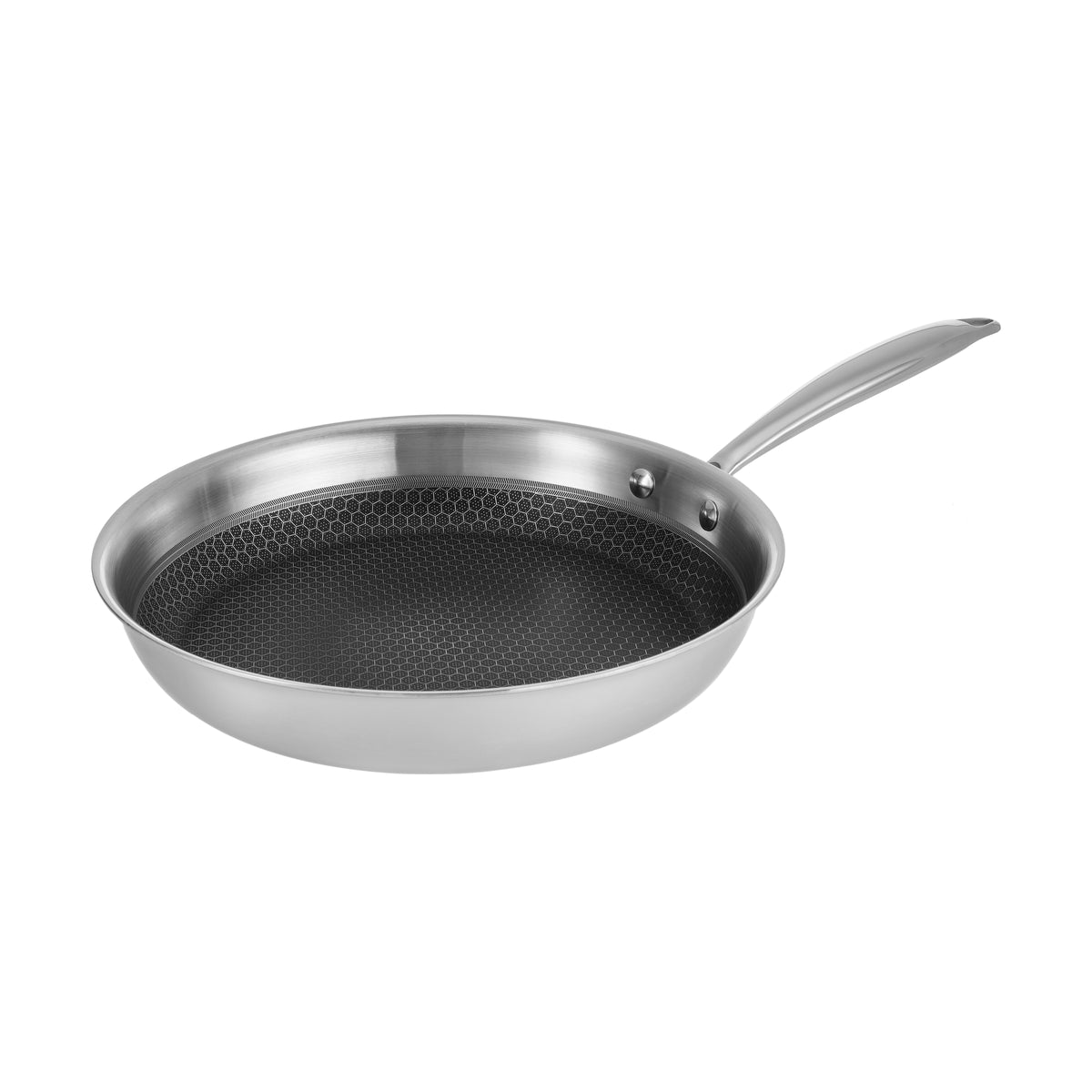Resto Achird 28cm tri-ply frypan, three-quarter view on a white background showing the black honeycomb non-stick interior and stainless steel handle