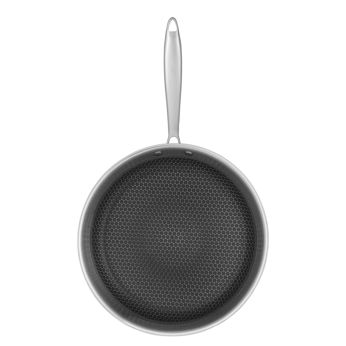 Top-down view of the Resto Achird 28cm frypan showing the raised stainless steel honeycomb pattern across the cooking surface