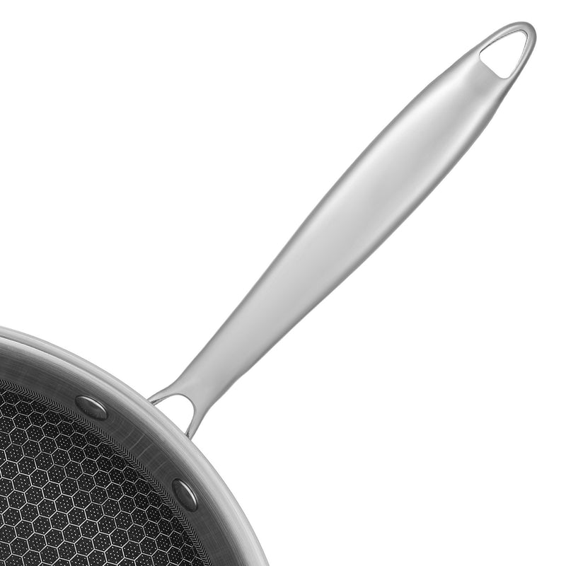 Close-up of the Resto Achird 28cm frypan stainless steel handle with its hanging loop