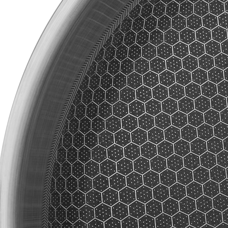 Macro close-up of the Resto Achird honeycomb surface, raised stainless steel cells with dark non-stick coating set into the recesses