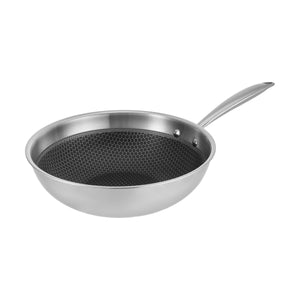 Resto Achird 28cm tri-ply wok, three-quarter view on a white background showing the deep black honeycomb non-stick interior and stainless steel handle
