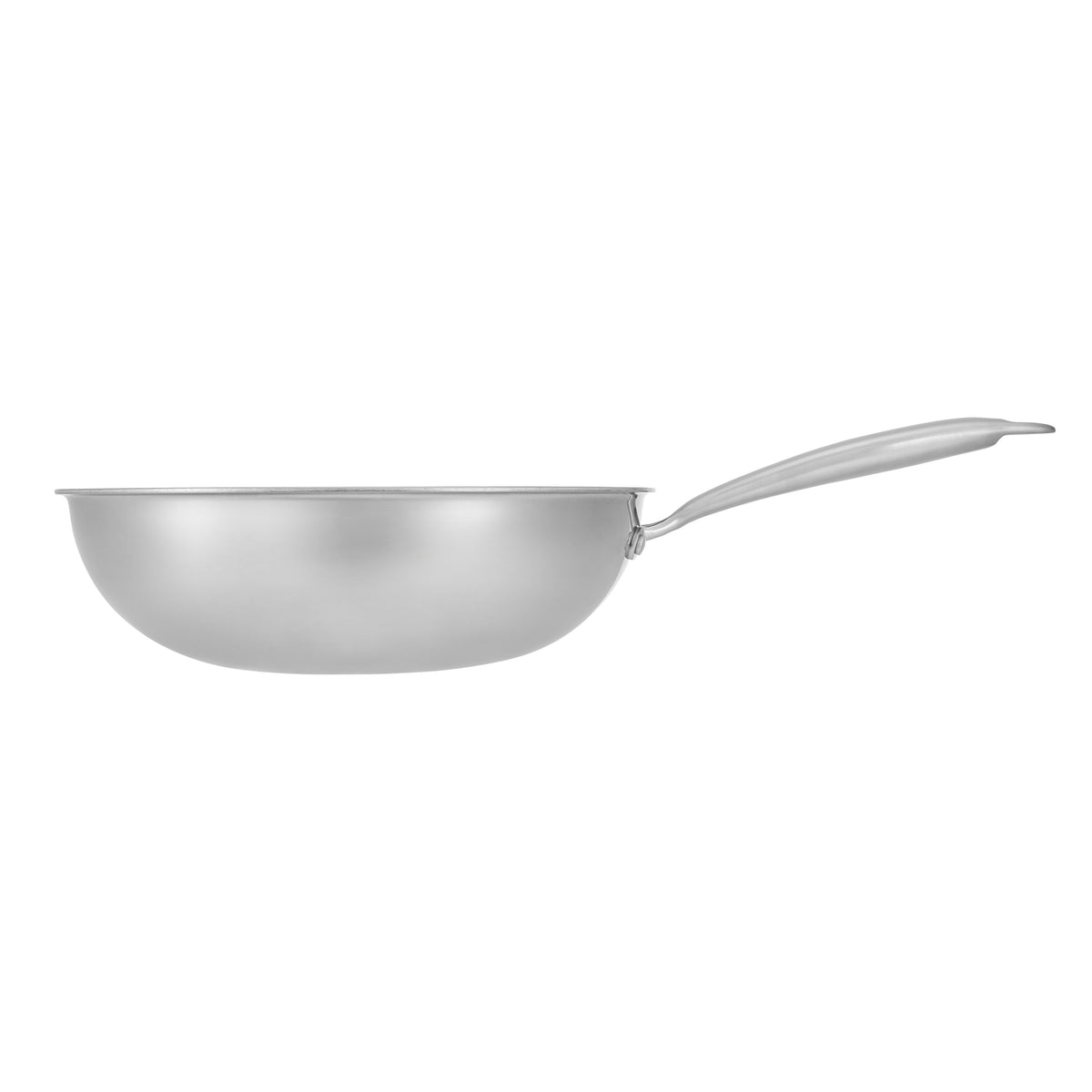 Side profile of the Resto Achird 28cm wok showing the tall polished stainless steel wall and riveted handle with hanging loop