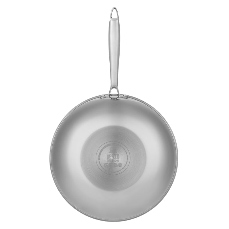 Underside of the Resto Achird 28cm wok showing the full stainless steel induction base