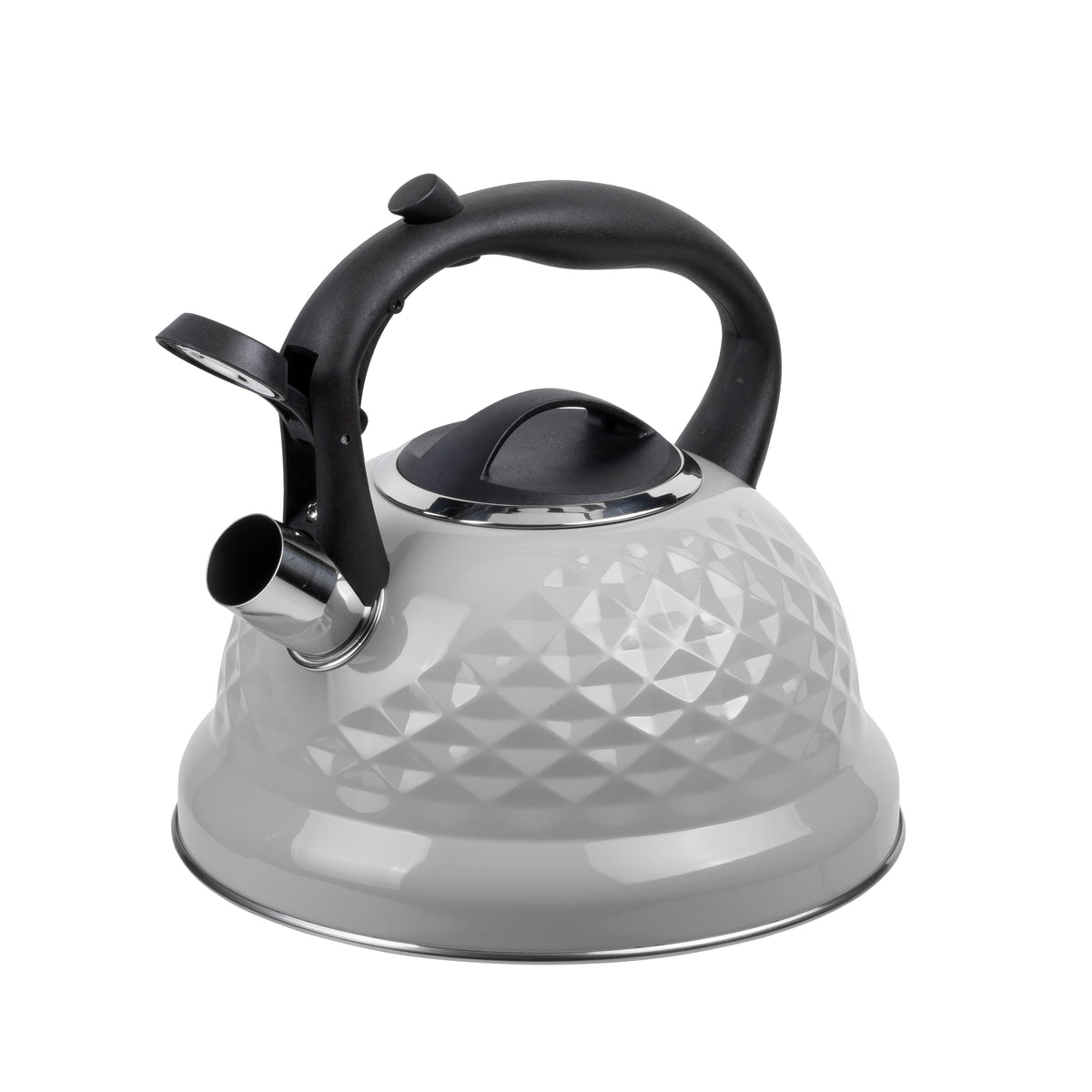 Resto Almaaz grey kettle with the spout cap raised after pressing the button on the handle