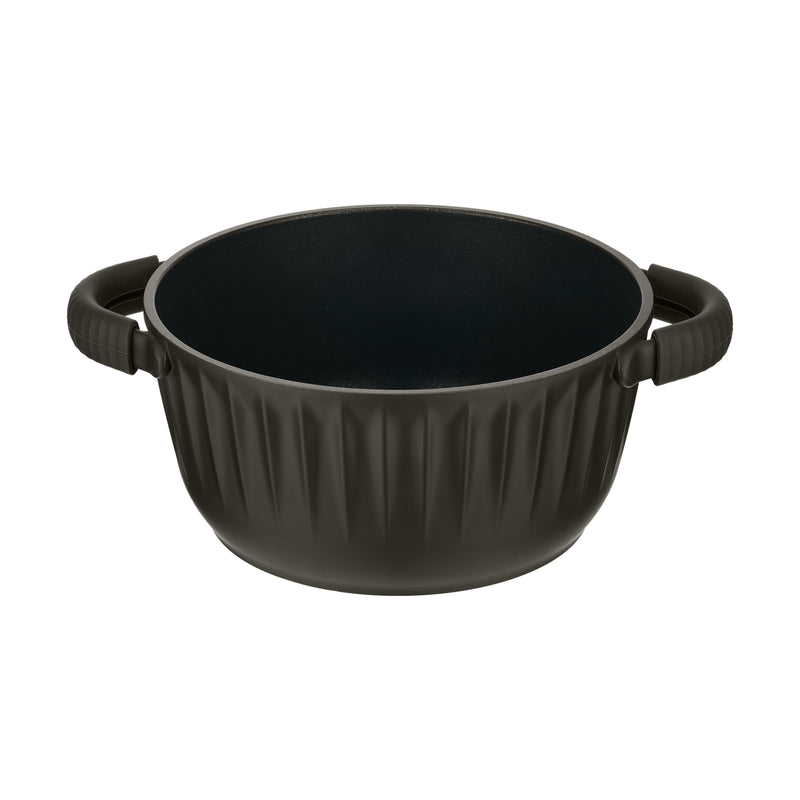 Resto Ascella 20cm casserole without its lid, showing the black non-stick interior and the fluted dark brown-black exterior