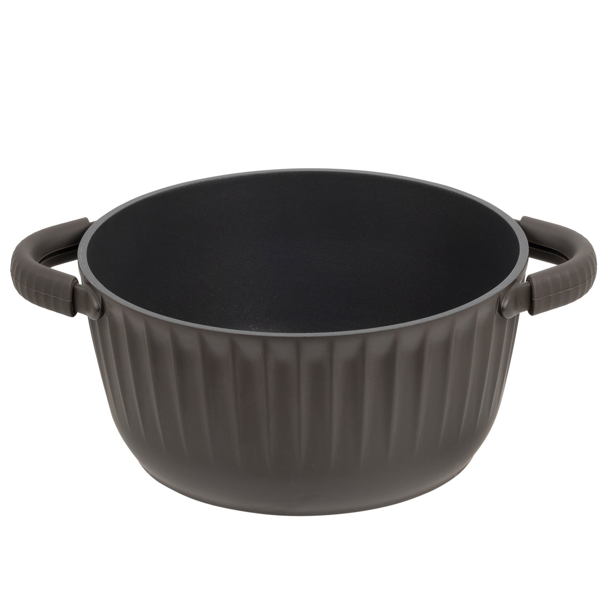 Resto Ascella 24cm casserole without its lid, showing the black non-stick interior and the fluted dark brown-black exterior