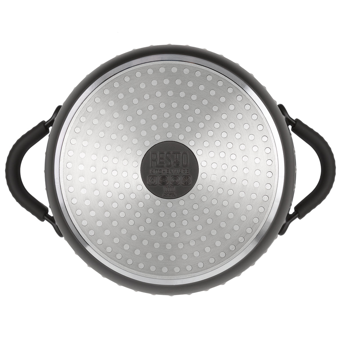 Underside of the Resto Ascella 24cm casserole, showing the induction base and the dark brown-black exterior