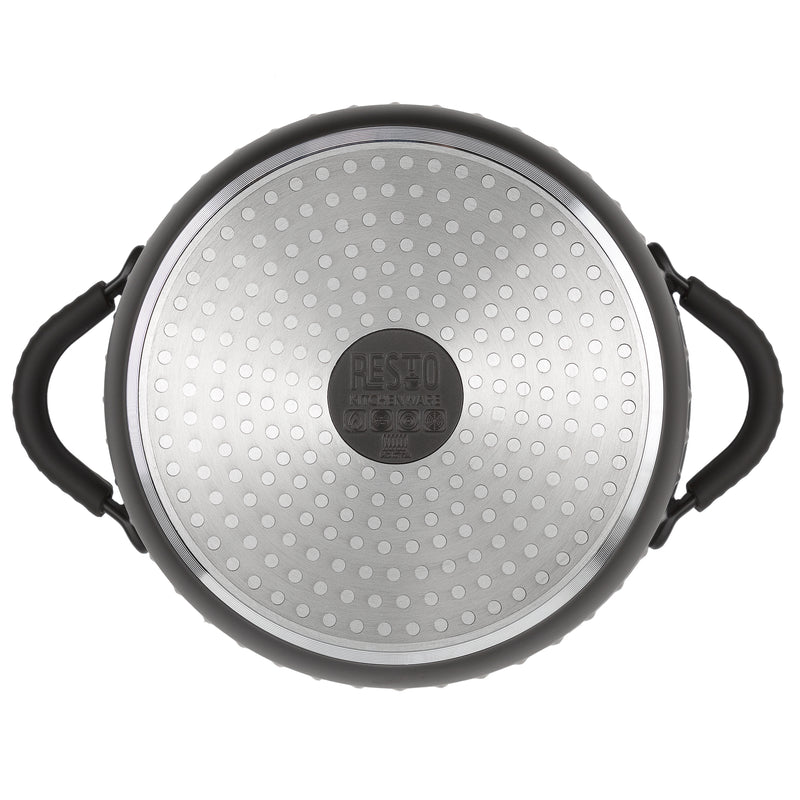Underside of the Resto Ascella 24cm casserole, showing the induction base and the dark brown-black exterior