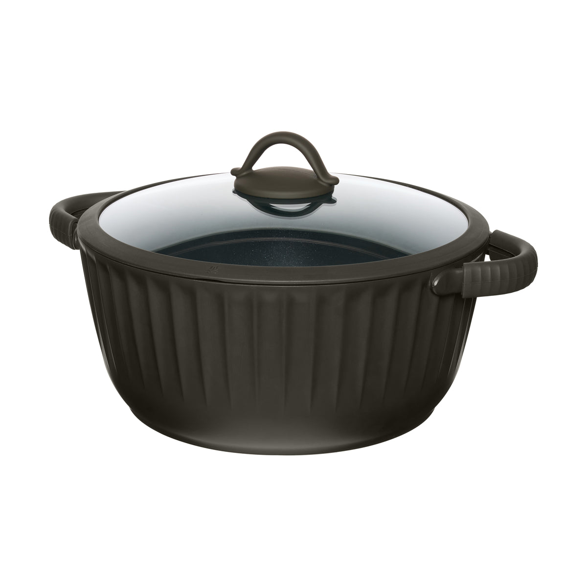 Resto Ascella 28cm casserole with its tempered glass lid, three-quarter view showing the dark brown-black fluted exterior and handles