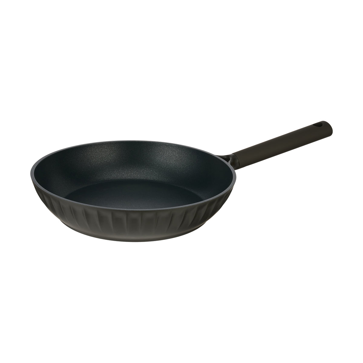 Resto Ascella 28cm frypan from a three-quarter angle, showing the dark brown-black fluted exterior, black non-stick interior and soft-touch handle