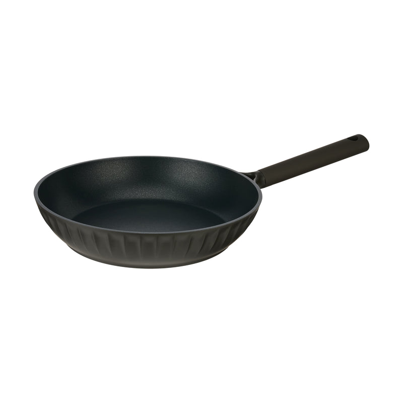 Resto Ascella 28cm frypan from a three-quarter angle, showing the dark brown-black fluted exterior, black non-stick interior and soft-touch handle