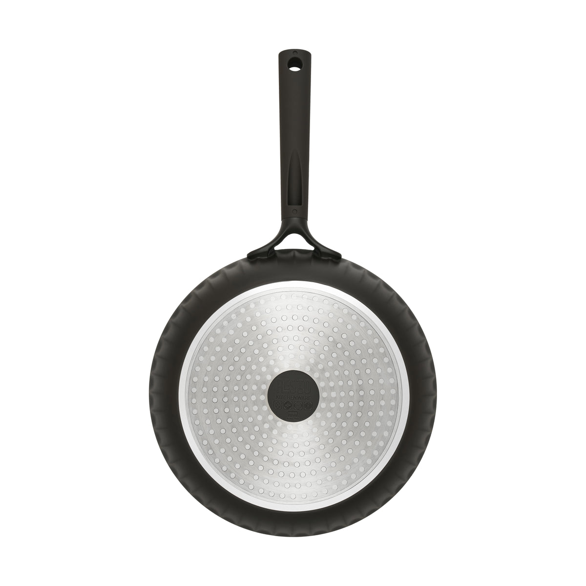 Underside of the Resto Ascella 28cm frypan, showing the induction base with its anti-deformation disk