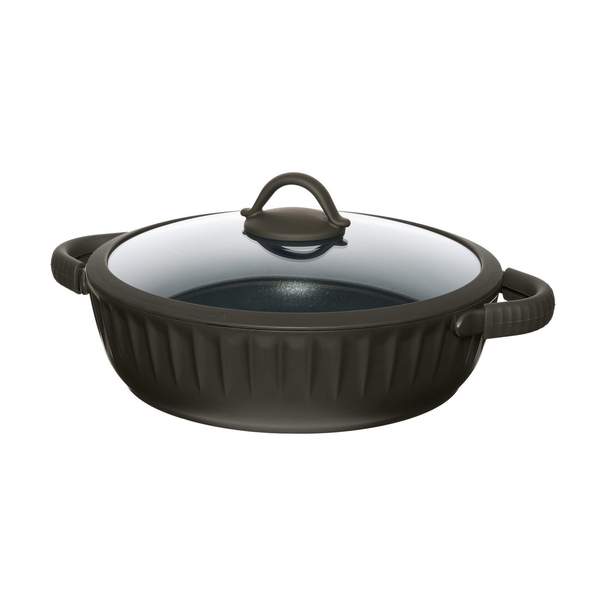 Resto Ascella 28cm shallow pot with its tempered glass lid, three-quarter view showing the dark brown-black fluted exterior and handles