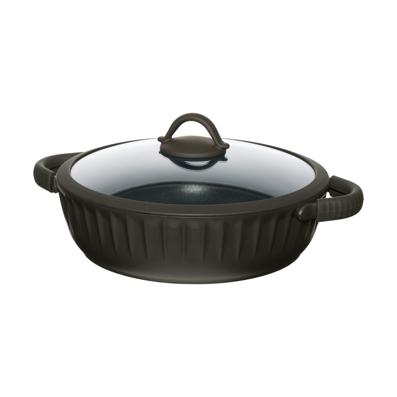 Resto Ascella 28cm shallow pot with its tempered glass lid, three-quarter view showing the dark brown-black fluted exterior and handles