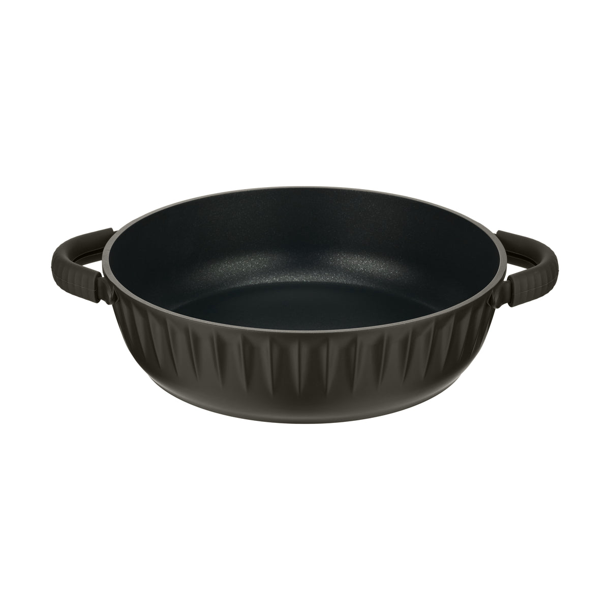 Resto Ascella 28cm shallow pot without its lid, showing the black non-stick interior and the fluted dark brown-black exterior