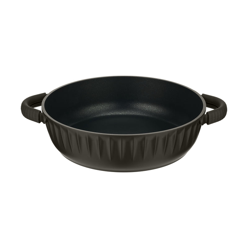 Resto Ascella 28cm shallow pot without its lid, showing the black non-stick interior and the fluted dark brown-black exterior