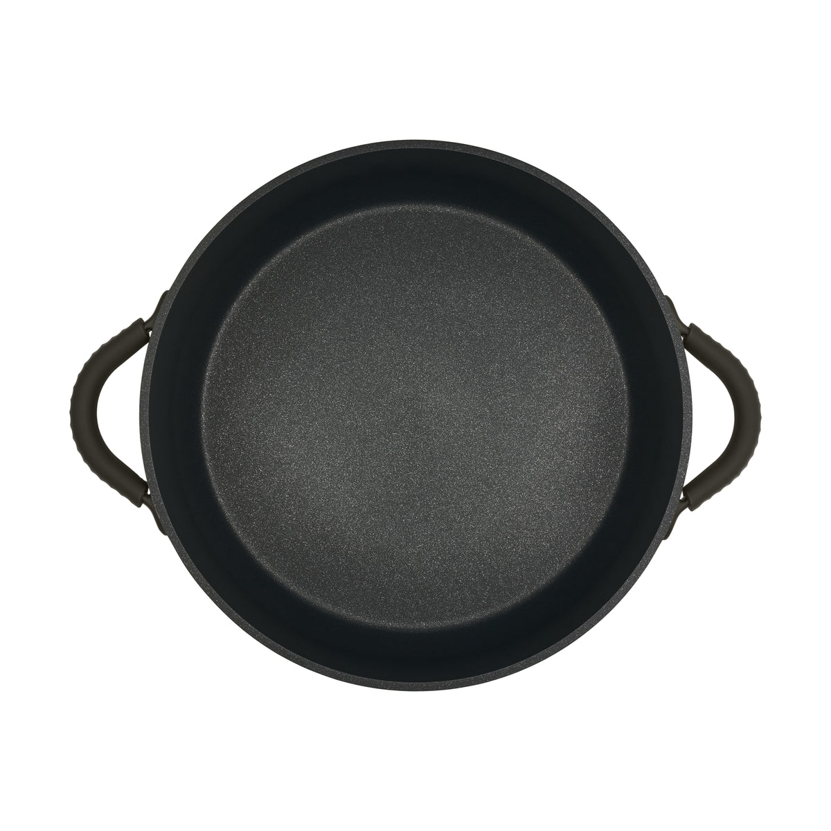 Top-down view into the Resto Ascella 28cm shallow pot, showing the black Pfluon Cookmark non-stick interior