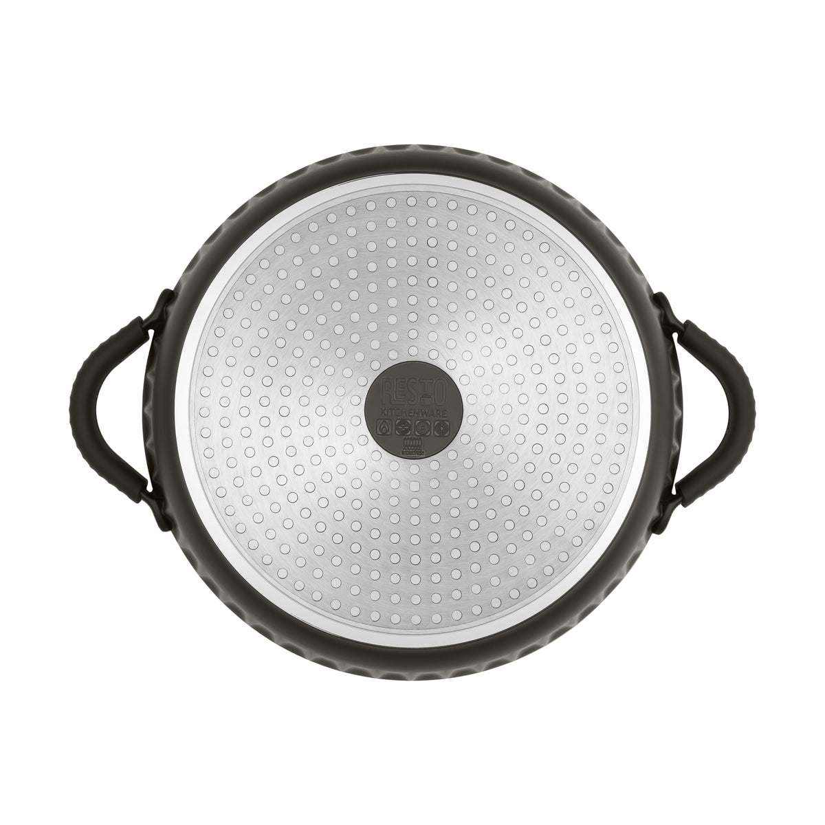 Underside of the Resto Ascella 28cm shallow pot, showing the induction base and the dark brown-black exterior