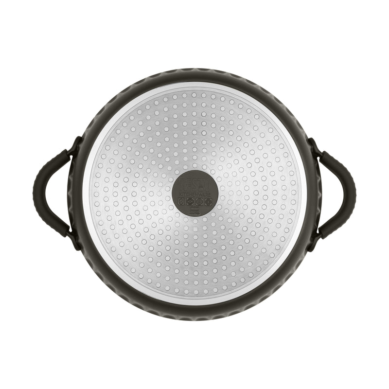 Underside of the Resto Ascella 28cm shallow pot, showing the induction base and the dark brown-black exterior