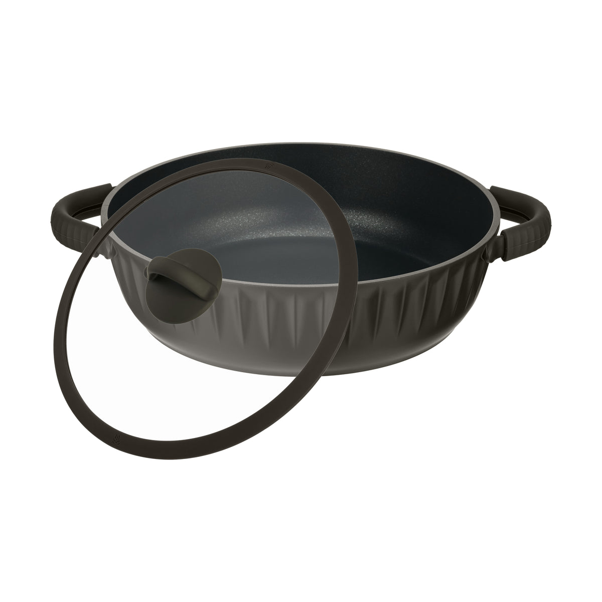 Resto Ascella 28cm shallow pot with the tempered glass lid set ajar, showing the silicone rim and the non-stick interior