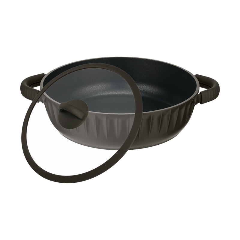 Resto Ascella 28cm shallow pot with the tempered glass lid set ajar, showing the silicone rim and the non-stick interior