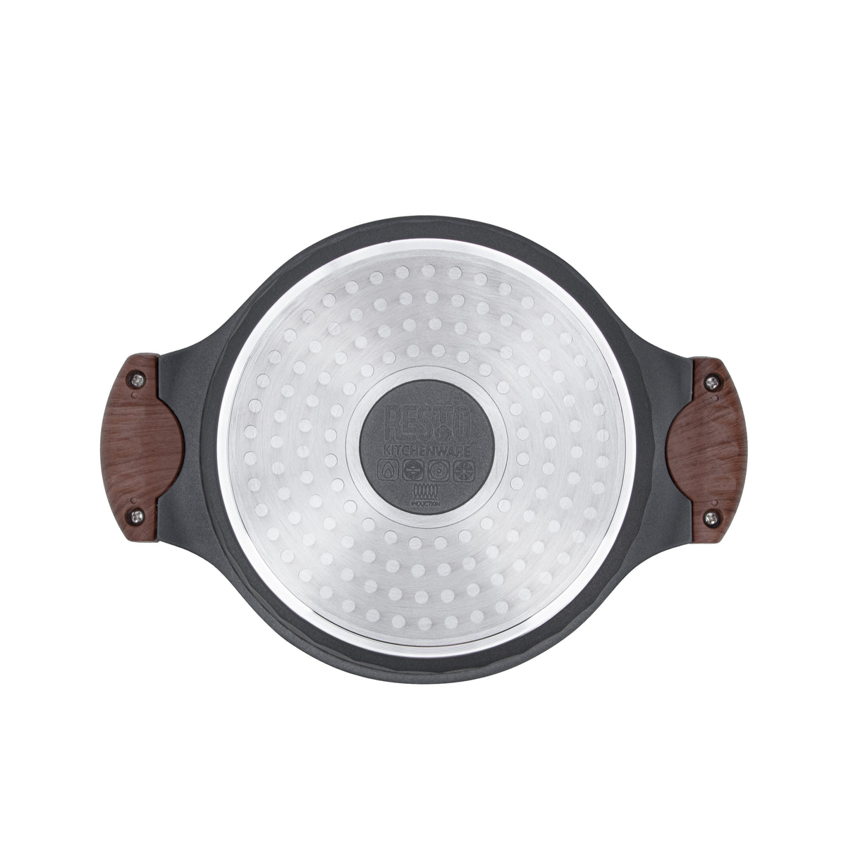 Underside of the Resto Capella 20cm casserole, showing the induction base and the grey 3D-textured exterior