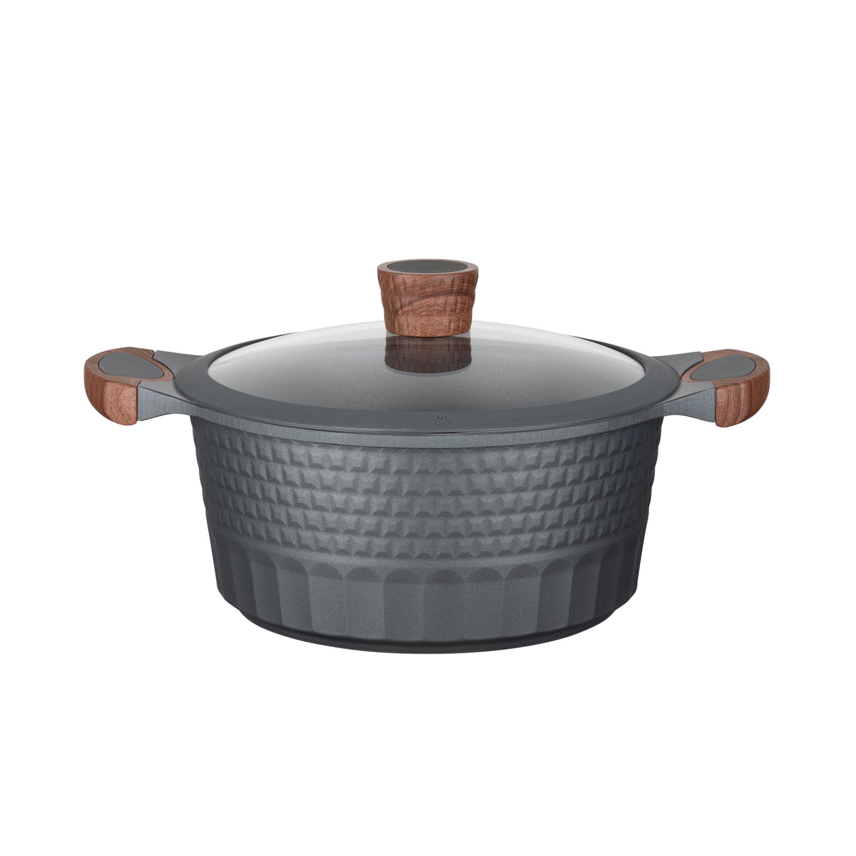 Resto Capella 24cm casserole with its tempered glass lid, three-quarter view showing the grey 3D-textured exterior and wood-grain handles