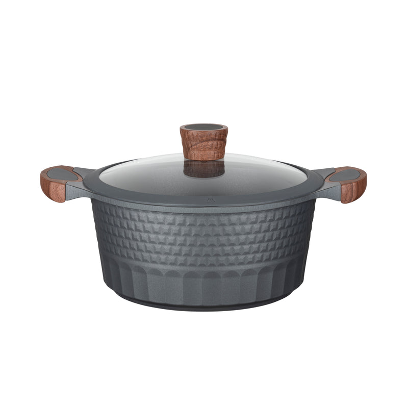 Resto Capella 24cm casserole with its tempered glass lid, three-quarter view showing the grey 3D-textured exterior and wood-grain handles