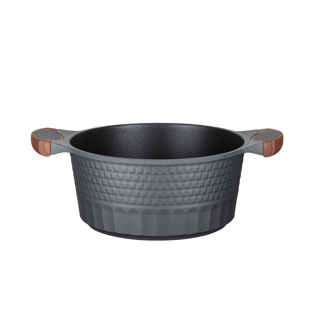 Resto Capella 24cm casserole without its lid, showing the black non-stick interior and the grey 3D-textured exterior