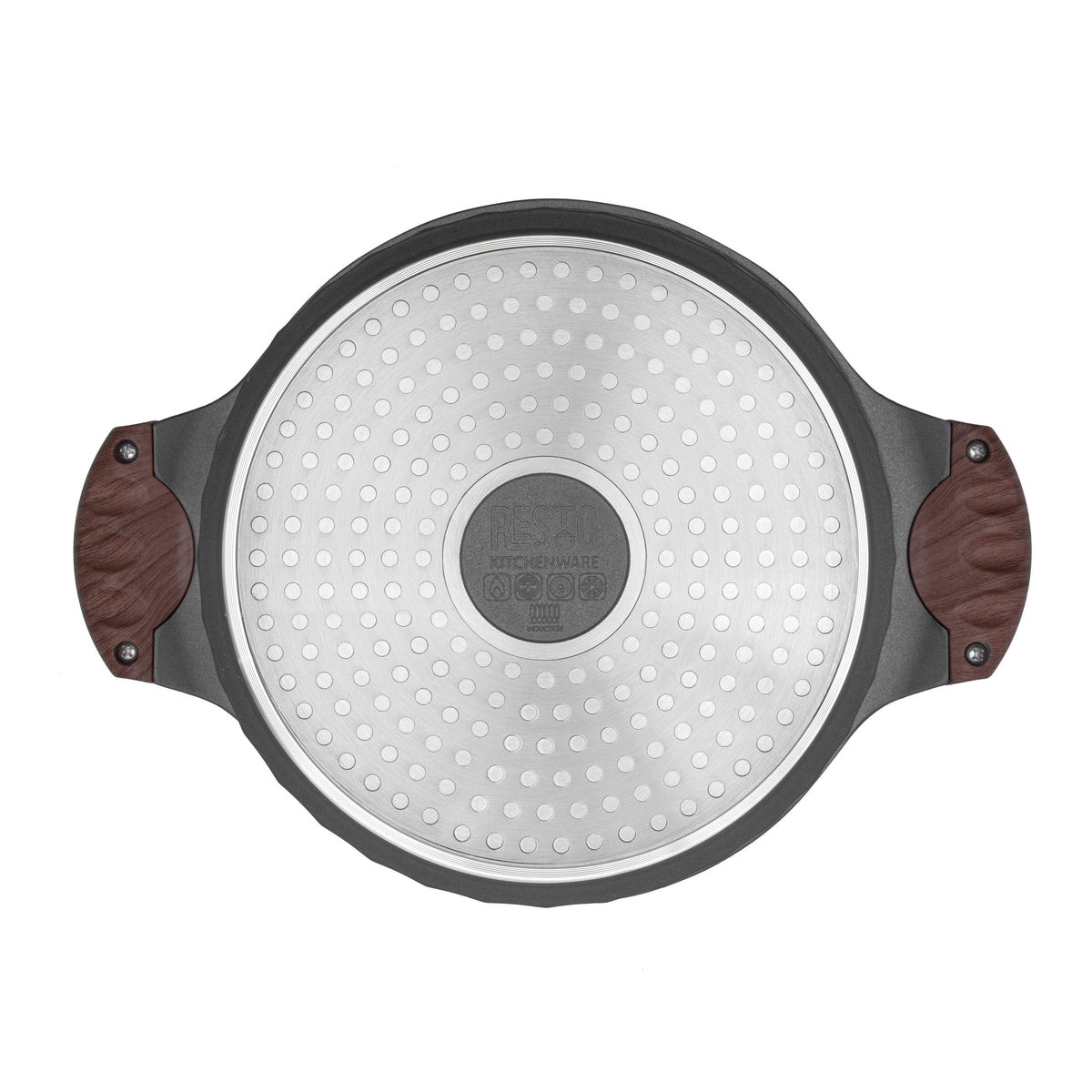 Underside of the Resto Capella 24cm casserole, showing the induction base and the grey 3D-textured exterior