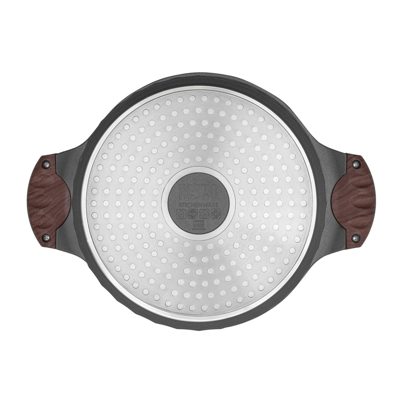 Underside of the Resto Capella 24cm casserole, showing the induction base and the grey 3D-textured exterior