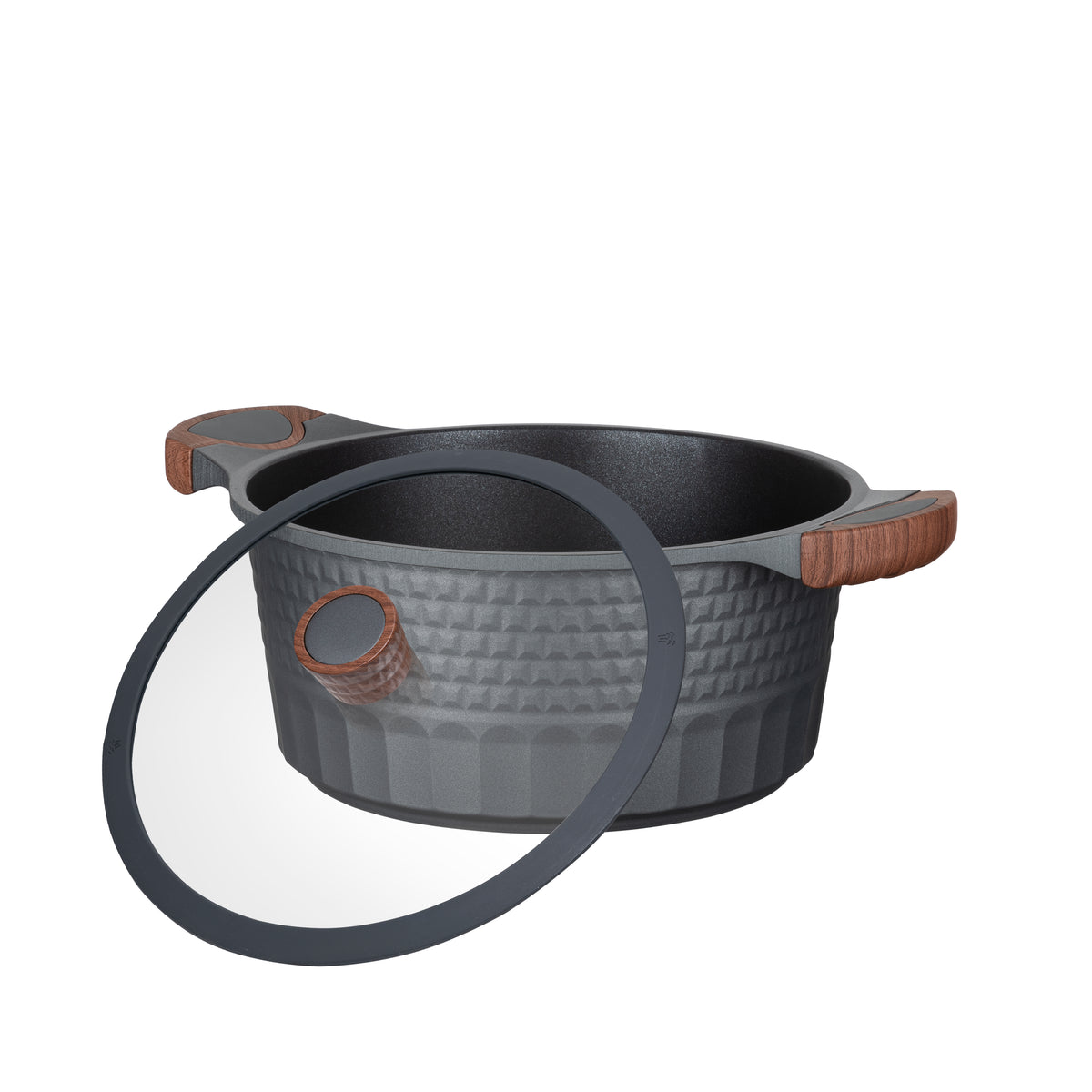 Resto Capella 24cm casserole with the tempered glass lid set ajar, showing the wood-like knob, silicone rim and non-stick interior