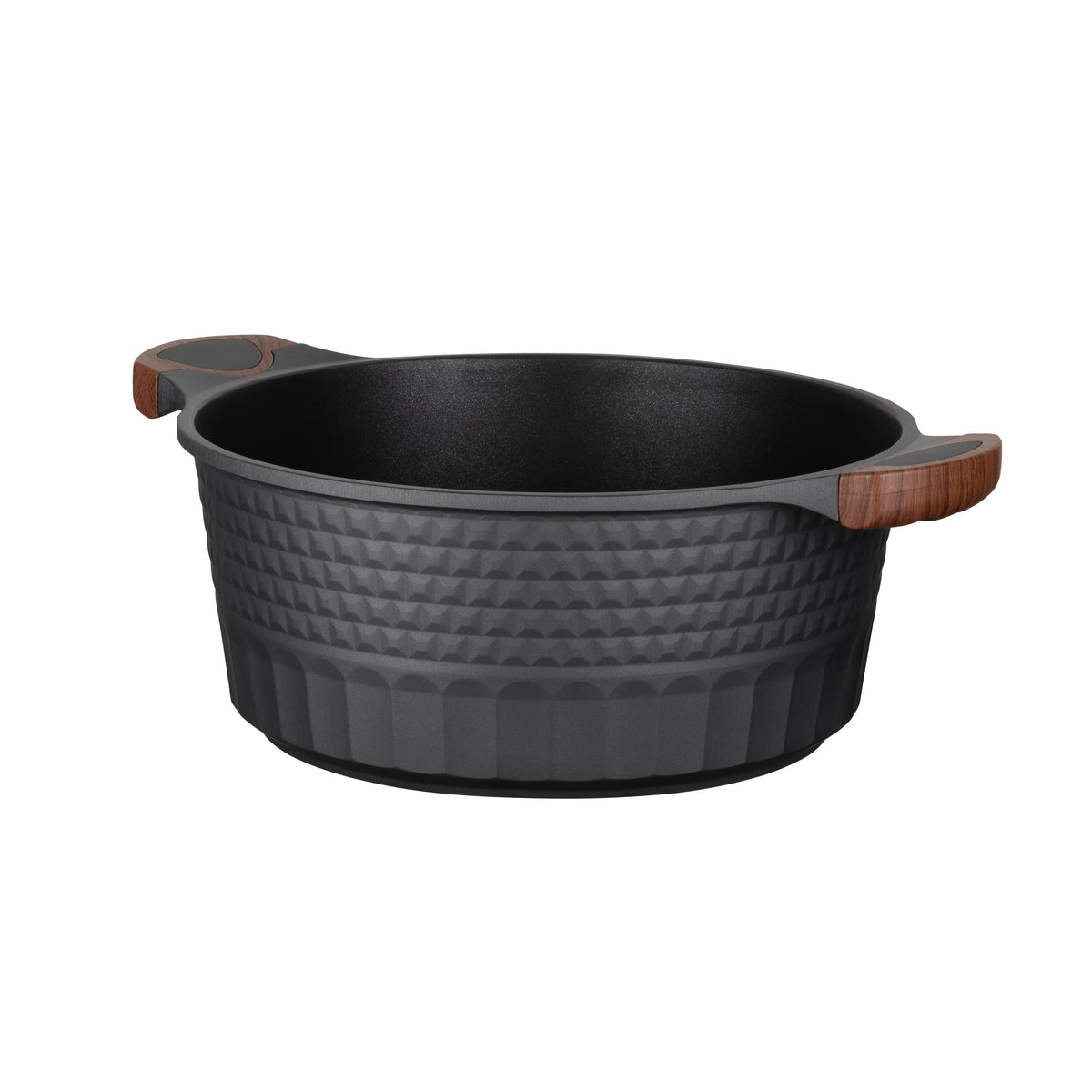 Resto Capella 28cm casserole without its lid, showing the black non-stick interior and the grey 3D-textured exterior