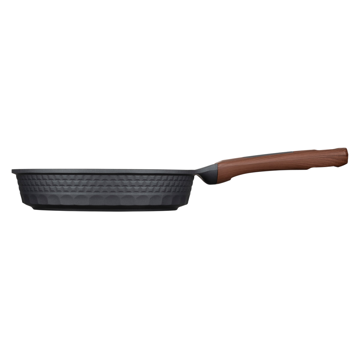 Side profile of the Resto Capella 24cm frypan, showing the depth of the pan, the 3D-textured exterior and the line of the wood-grain handle