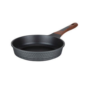 Resto Capella 26cm frypan from a three-quarter angle, showing the grey 3D-textured exterior, black non-stick interior and wood-grain handle