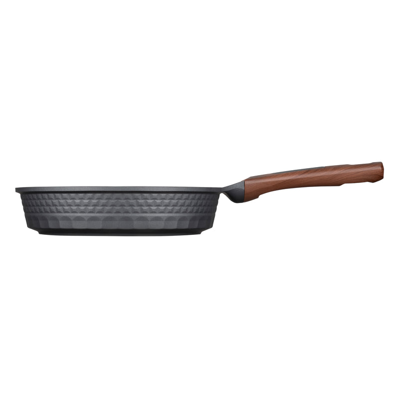 Side profile of the Resto Capella 26cm frypan, showing the depth of the pan, the 3D-textured exterior and the line of the wood-grain handle